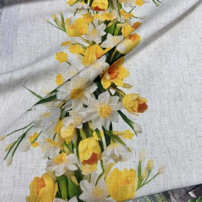 Tkanina zasłonowa na podkładzie imitujący len- żonkile