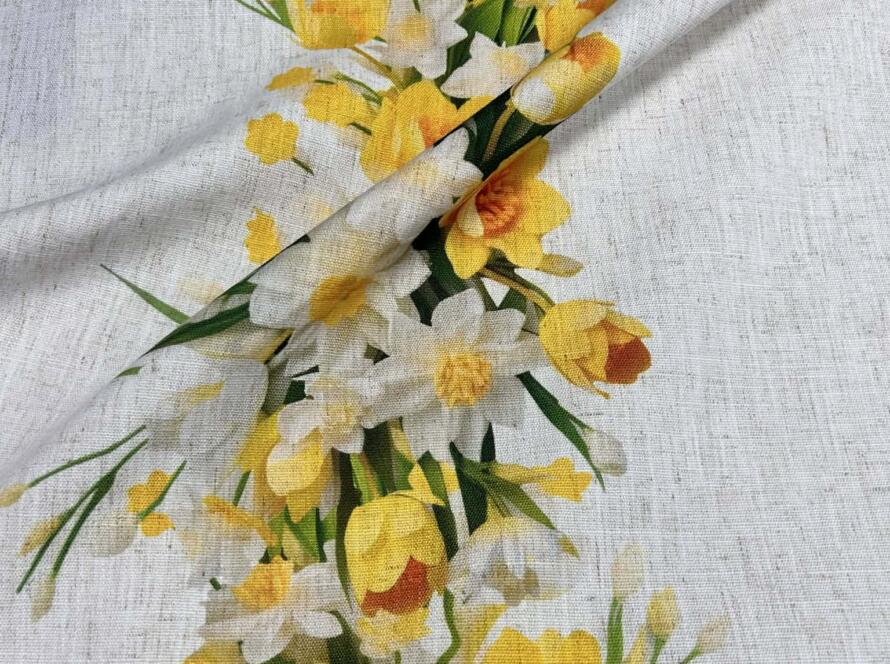 Tkanina zasłonowa na podkładzie imitujący len- żonkile