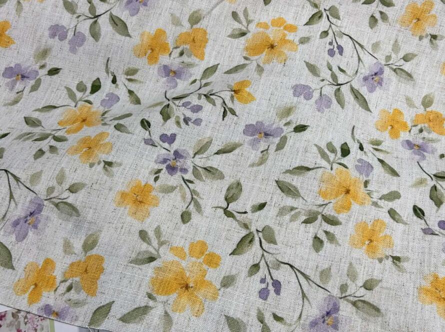 Tkanina zasłonowa na podkładzie lnianym- wiosenne kwiaty